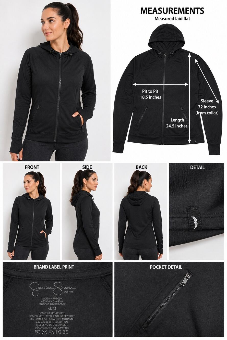 Jessica Simpson Active Womens Medium Black Hooded Full Zip Jacket Stretch